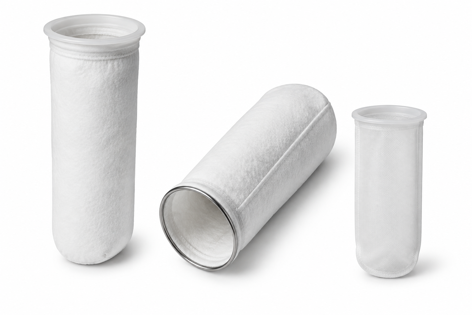 Illustration of white felt and mesh filter bags with plastic and metal collars